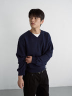 Cable Stripe V-Neck Knit (Navy)