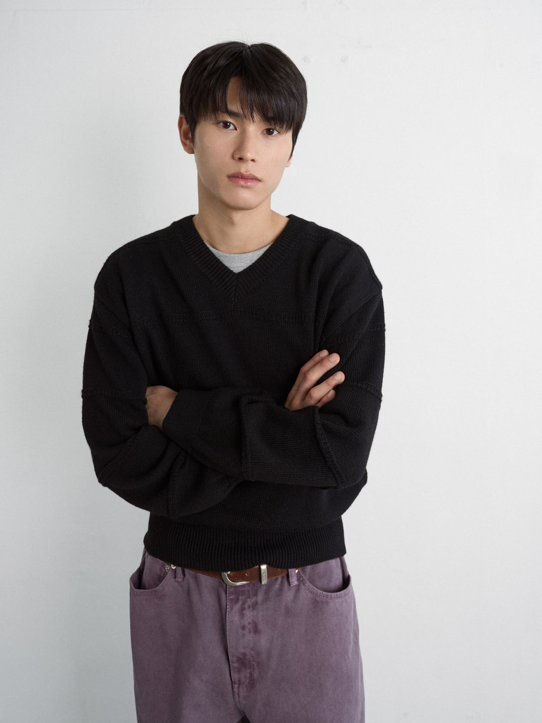 Cable Stripe V-Neck Knit (Black)