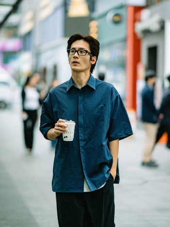 Hidden Type Half Sleeve Shirts (Navy)