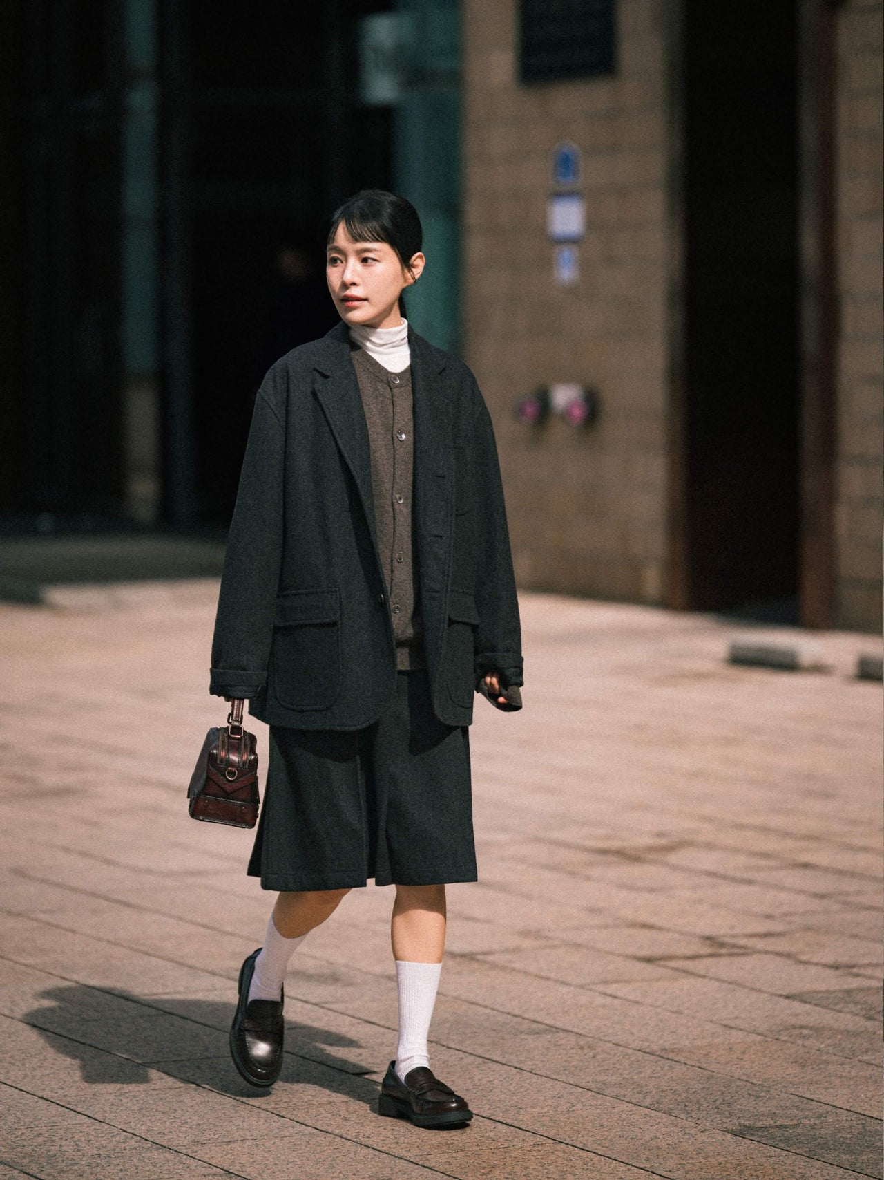 Wool Blend Pleats Skirt (Charcoal)