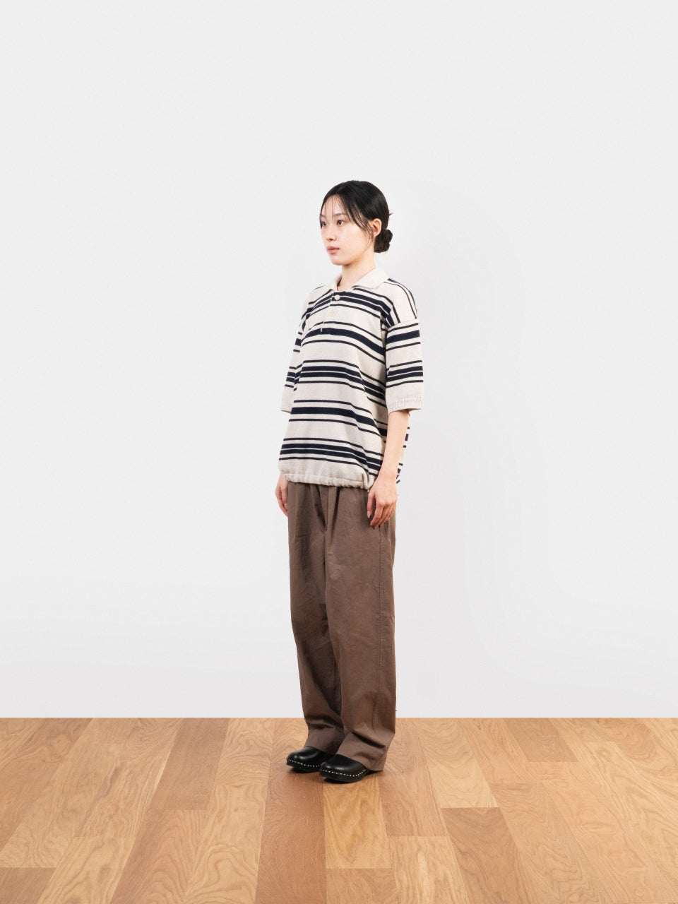 Airy Cotton Collar Knit (Stripe Ivory)