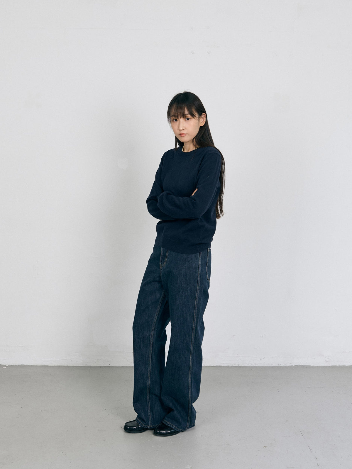 Layered Wool Round Knit (Navy-Lemon)