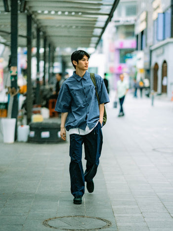 Open Collar Check Shirts (Navy)