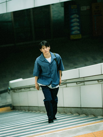 Open Collar Check Shirts (Navy)