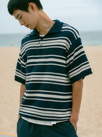 Airy Cotton Collar Knit (Stripe Navy)