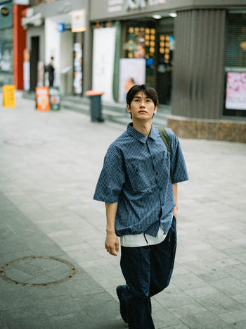 Open Collar Check Shirts (Charcoal)