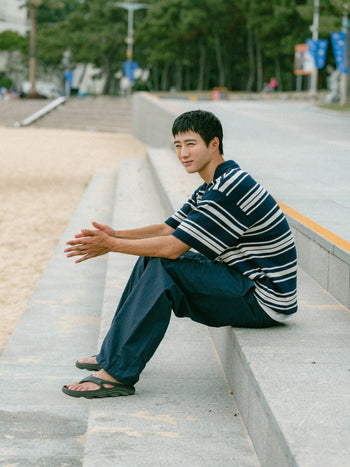 Airy Cotton Collar Knit (Stripe Navy)