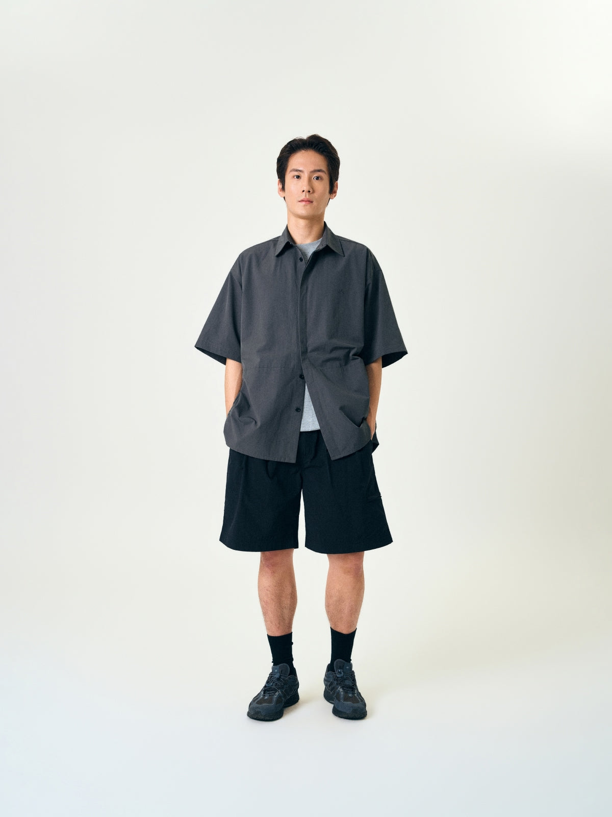 Hidden Type Half Sleeve Shirts (Navy)
