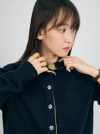 High-Neck Two-Tone Cardigan (Navy-Olive)
