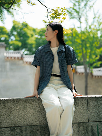Open Collar Check Shirts (Beige)