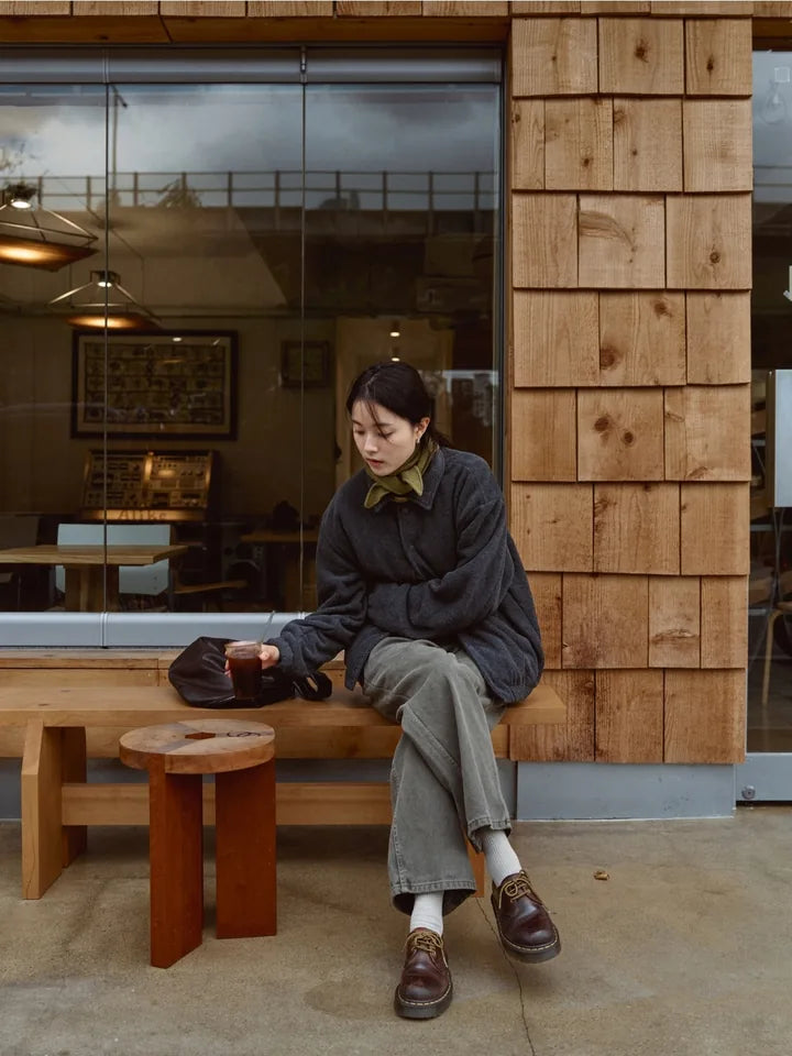 

Charcoal fleece and a scarf for a pause outside the café — 2